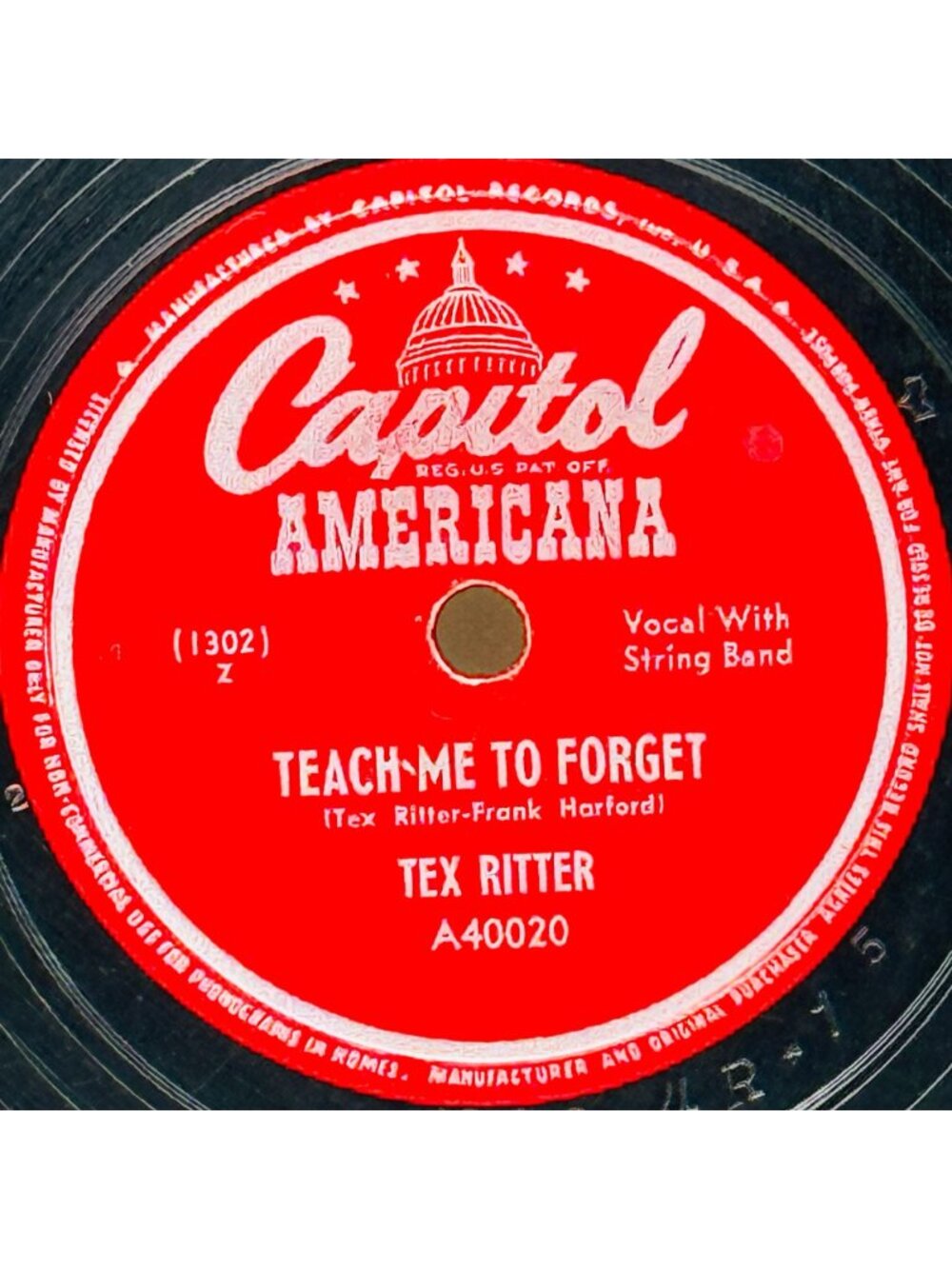 Tex Ritter Teach Me To Forget 10in Shellac 78 RPM Capitol Records A40020 - Picture 2 of 6
